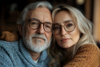 Senior Caucasian man with gray beard and glasses embracing middle-aged blonde woman in cozy sweaters, showing love and family connection at home.