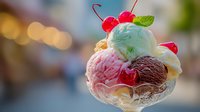 Colorful ice cream scoops in glass bowl topped with fresh cherries and mint leaf against blurred city background with bokeh lights.