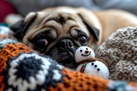 Adorable pug dog resting comfortably with knitted snowman toy among cozy winter blankets and textiles creating warm domestic scene for holiday comfort concepts.
