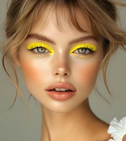 Young woman with vibrant yellow eyeshadow and coral blush showcasing bold colorful makeup look for beauty and fashion editorial content.