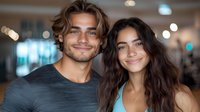 Young diverse couple smiling at camera in indoor setting with bokeh lights background, showing genuine happiness and connection. Natural casual lifestyle portrait.