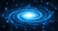 Spiral galaxy with bright blue center and glowing arms surrounded by stars in deep space cosmos for astronomy and science education materials.
