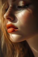 Close-up portrait of young blonde woman with golden shimmer makeup and bright orange lipstick in warm sunlight for beauty and cosmetics advertising.