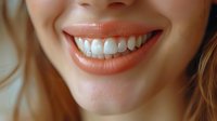 Close up of bright white healthy teeth and coral pink lips showing genuine smile with clean skin and natural makeup, suitable for dental and cosmetic advertising.
