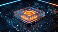Glowing orange CPU processor chip on dark circuit board with illuminated pathways and electronic components for technology and computing concepts.
