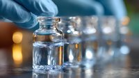 Medical professional in blue protective gloves holding glass vial with clear liquid, multiple vials in background with soft bokeh effect, healthcare concept.