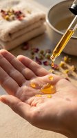 Hands receiving golden oil drops from dropper in spa setting with towels and dried flowers for aromatherapy massage and wellness treatments.