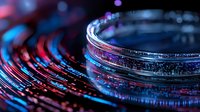 Macro shot of glass rim with vibrant neon blue and pink reflections creating futuristic abstract pattern against dark background, modern technological concept.