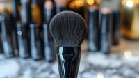 Professional makeup brush with soft bristles in focus against blurred cosmetic collection background for beauty and skincare applications.