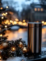 Stainless steel travel mug with festive decorations and warm bokeh lights creating cozy winter atmosphere for holiday beverage marketing and seasonal promotions.