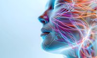 Ethereal profile view with glowing neon energy streams flowing through translucent skin, creating a luminous effect against light blue background. Artistic digital portrait.