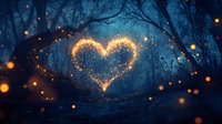 Glowing heart shape formed by magical sparkles and fireflies in dark mystical forest at night, surrounded by silhouettes of trees and floating light particles.