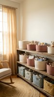 Organized nursery storage with woven baskets on wooden shelves, natural light filtering through curtains creating warm, cozy children's room atmosphere.