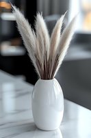 Fluffy pampas grass plumes in modern white ceramic vase on marble surface, creating minimalist home decor arrangement with natural dried elements.