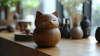 Wooden cat figurine with cute smiling face on table with decorative vases in background, handcrafted home decor piece showcasing natural wood grain texture.