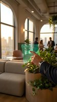 Businessman using futuristic holographic tablet interface in modern office with city skyline view during golden hour sunset lighting.
