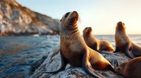Sea lions basking in golden sunset light on coastal rocks, spotted fur glistening as they rest near ocean waves, natural wildlife scene at dusk.