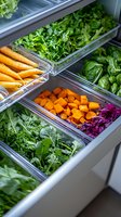 Fresh vegetables in restaurant steel containers with carrots, pumpkin cubes, red cabbage and mixed greens. Professional kitchen storage for healthy food service.