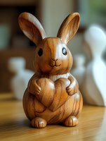 Handcrafted wooden rabbit figurine with smooth finish sitting on table, artisan woodwork decoration for home interior and Easter holiday celebrations.