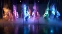 Vibrant colorful smoke clouds with vertical light beams creating dramatic atmospheric effect and reflections on dark background, suitable for event and stage design.