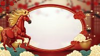 Red horse with golden mane in ornate circular frame with traditional Asian clouds and decorative elements on gradient background for lunar new year celebrations.