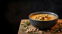 Creamy pumpkin soup with roasted nuts and herbs in dark ceramic bowl on rustic wooden table with autumn spices and thyme garnish for cozy dining.