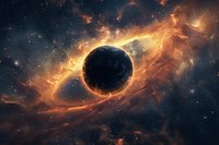 Dark planet surrounded by fiery cosmic nebula with swirling orange and gold gases against starry deep space background.