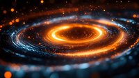 Glowing spiral galaxy with bright orange and blue light rings swirling in dark space, surrounded by sparkling stars and cosmic dust particles creating dramatic celestial view.