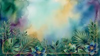 Watercolor tropical foliage border with blooming flowers and lush green leaves on soft blended background, suitable for invitations and design projects.