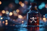 Glass bottle with skull and crossbones symbol containing glowing liquid against dark background with bokeh lights, creating mysterious magical atmosphere.