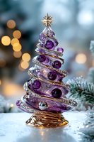 Elegant spiral Christmas tree decoration with purple glass beads and crystals on golden base against soft bokeh background and snowy pine branches.