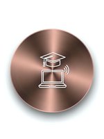 Rose gold metallic button with online education icons featuring graduation cap and laptop computer for e-learning platforms and digital academic services.