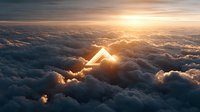 Glowing triangular pyramid floating above dramatic cloudscape at golden hour sunrise with warm sunlight rays breaking through fluffy clouds creating ethereal atmosphere.