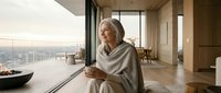 Serene senior woman in cozy sweater enjoying morning coffee by floor-to-ceiling windows in modern luxury apartment with city skyline view at sunrise.
