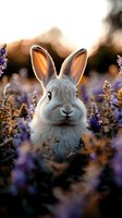 White rabbit surrounded by purple lavender flowers in a sunlit field at golden hour, suitable for nature, wildlife, and seasonal editorial projects.