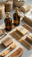 Natural eco-friendly bathroom accessories with amber glass bottles, wooden combs, organic soap bars and wicker baskets for sustainable zero waste lifestyle.