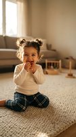 Adorable toddler girl with curly hair in space buns sitting on living room carpet wearing white sweater and plaid pants, smiling playfully at camera.