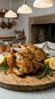 Golden roasted whole chicken with herbs and lemon on wooden cutting board in modern kitchen setting for holiday dinner preparation and cooking.