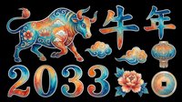 Colorful decorative ox with ornamental numerals 2033, clouds, lanterns, flowers, and coins in Asian artistic style. Isolated on transparent background, ready for t-shirts, clipart, stickers, sublimation, and print-on-demand designs.