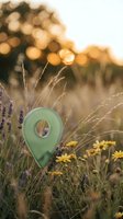 Green location pin marker in wildflower meadow at golden hour sunset with bokeh lights and natural grass field for travel and navigation concepts.