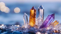 Colorful healing crystals with amber, clear quartz and amethyst points on sparkling background with bokeh lights. Spiritual and wellness concept.