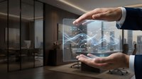 Businessman hands protecting holographic financial data charts and graphs in modern office environment for investment analysis and business growth planning.