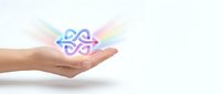 An open palm holds a glowing neon knot symbol with radiating light rays, representing connection, unity, and digital innovation for technology and business concepts.
