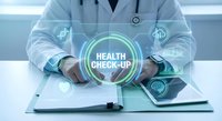 Doctor in white coat with stethoscope presenting digital health check-up interface with medical icons and holographic technology elements for healthcare.