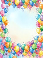 Watercolor balloon frame with colorful party balloons creating festive border on white background for celebration invitations and greeting cards.