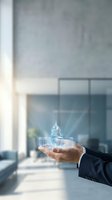 Businessman hand holding holographic government building in modern office space representing public administration and civic responsibility concepts.