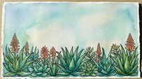 Watercolor succulents and aloe vera plants with orange blooms on soft teal background, hand-drawn botanical border with copy space above.