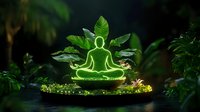 Glowing green neon meditation figure in lotus pose surrounded by tropical leaves and moss in mystical garden setting, creating zen atmosphere.