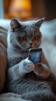 Grey British shorthair cat holding smartphone while lying on couch, amber eyes focused on screen in warm evening lighting atmosphere.