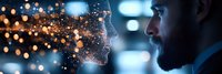 Bearded man facing digital artificial intelligence visualization with glowing particles and human face silhouette against blurred city lights background.